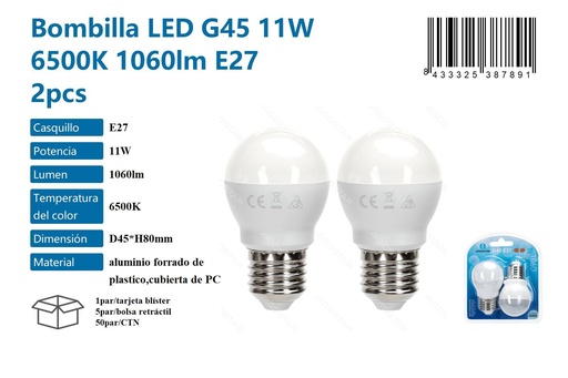 [171038789] Bombilla LED G45 11W 6500K 1060LM E27 2PCS - Iluminación y bombillas LED