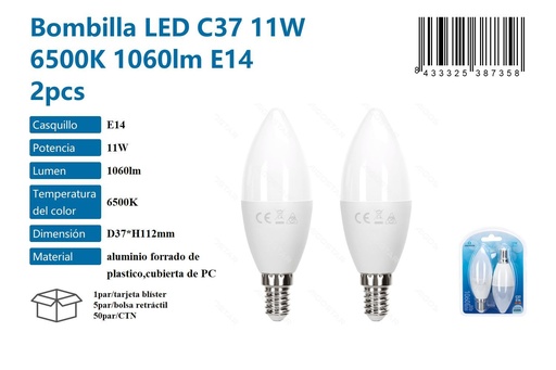 [171038735] Bombilla LED C37 11W 6500K 1060LM E14 2PCS - Iluminación y bombillas LED