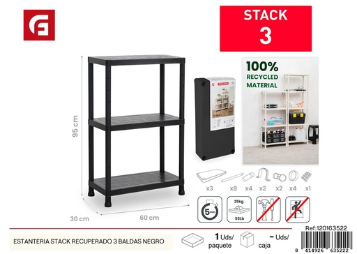 [120163522] Estantería Stack recuperado 3 baldas negro - Decoración de casa y estanterías