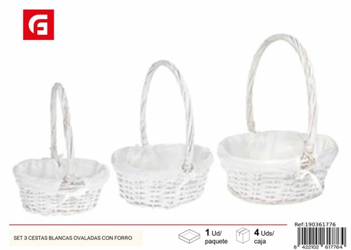 [190361776] Set de 3 cestas ovaladas blancas con forro - Almacenamiento y organización del hogar