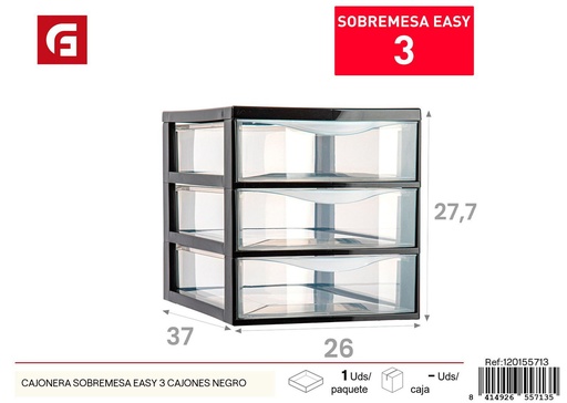 [120155713] Cajonera sobremesa easy de 3 cajones negra - Almacenamiento y organización