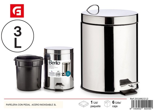[201892212] Papelería con pedal de acero inoxidable 3L - Almacenamiento y organización
