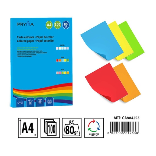 [0233652] Papel de colores vivos A4 100FF 80g - Pack de papel para manualidades