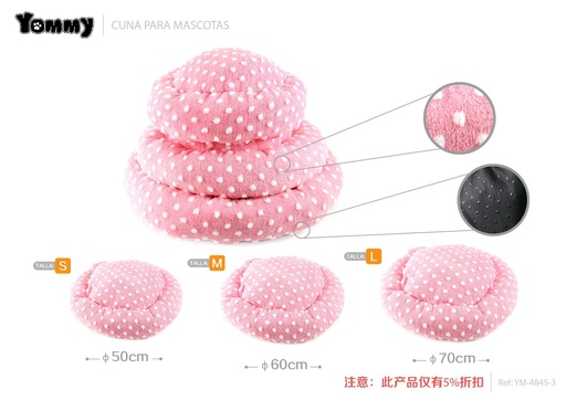 [YM4845-3] Cuna redonda de mascota con tejido suave y forro polar - Rosa claro, Set de 3 unidades