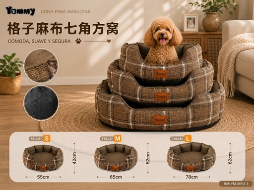 [YM8653-1] Cuna de mascota de lino de cuadros marrón - Camas de lujo para perros