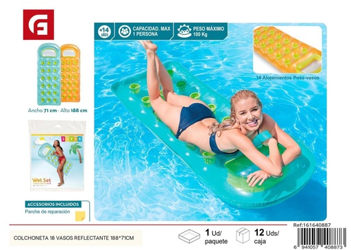 [161640887] Colchoneta hinchable con 18 vasos reflectantes 188x71 cm - Flotador inflable para verano