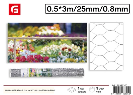 [190370525] Malla metálica hexagonal galvanizada 0.5*3m con 25mm de agujero y 0.8mm de diámetro - Accesorios para jardín