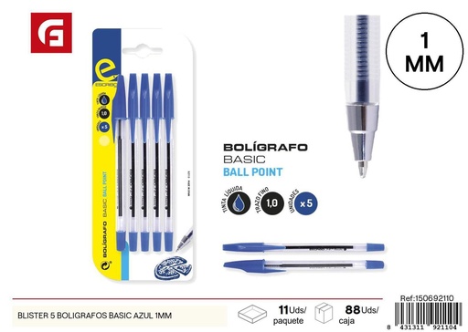 [150692110] Blister con 5 bolígrafos básicos azules 1mm - Papelería y escritura