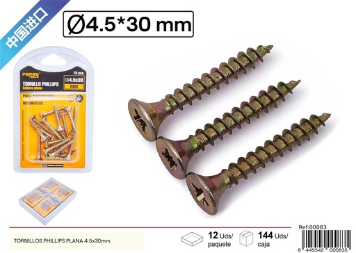 [00083] Tornillos Phillips plana fibra (galvanizado) 4.5*30mm - Accesorios de ferretería y fijación