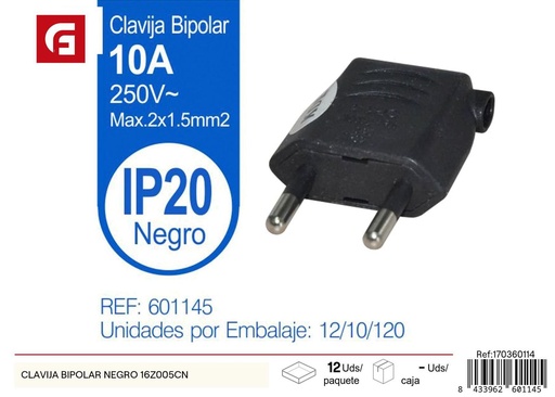 [170360114] Clavija Bipolar Negra 16Z005CN - Suministros Eléctricos y Conectores
