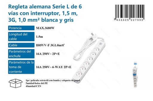 [171022755] Regleta Alemana Serie L de 6 Vías con Interruptor 1.5m 3G 1.0mm - Suministros Eléctricos y Regletas
