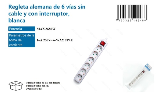 [171019248] Regleta alemana de 6 vías sin cable y con interruptor, blanca - Accesorios eléctricos