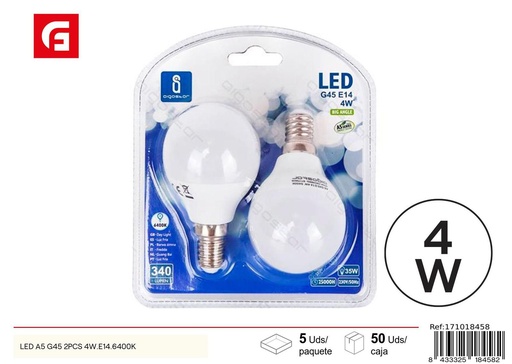 [171018458] Bombilla LED G45 E14 4W 2 Piezas 6500K - Iluminación y Bombillas LED