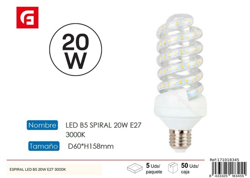 [171018345] Bombilla LED espiral E27 20W 3000K - Iluminación LED
