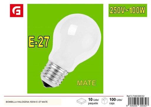 [174030032] Bombilla Halógena 100W E-27 Mate - Iluminación y Bombillas