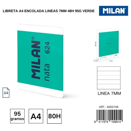 [A002106] Libreta A4 encolada líneas 7mm 48h 95g color verde - Artículos de papelería y cuadernos