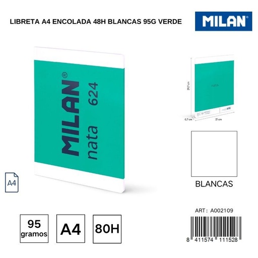 [A002109] Libreta A4 encolada 48h blancas 95g color verde - Artículos de papelería y cuadernos
