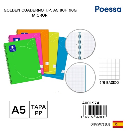 [A001974] Cuaderno T.P. A5 80 hojas 90g microp. con cubierta de plástico - Cuadernos escolares y de oficina