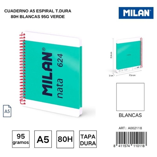 [A002118] Cuaderno A5 espiral T.Dura 80h blancas 95g verde - Cuadernos escolares y de oficina