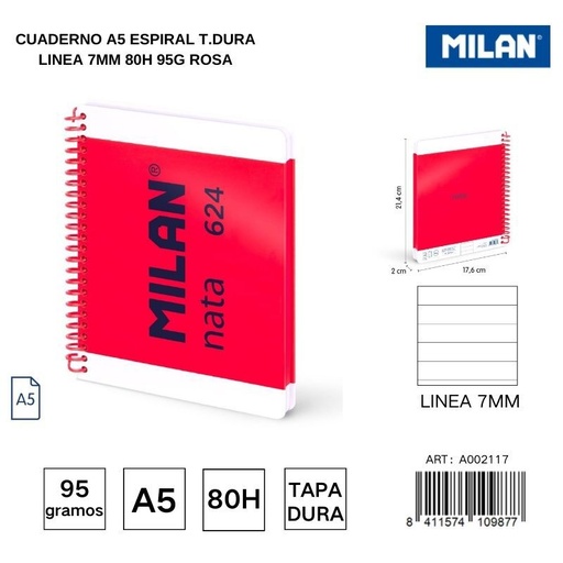 [A002117] Cuaderno A5 espiral T.Dura línea 7 mm 80h 95g rosa - Cuadernos escolares y de oficina