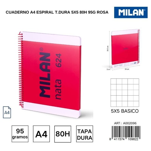 [A002096] Cuaderno A4 espiral T.Dura 5x5 80h 95g rosa - Cuadernos escolares y de oficina