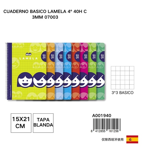 [A001940] Cuaderno básico Lamela 4º 40 hojas con cuadrícula 3mm - Papelería básica