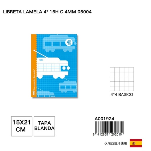 [A001924] Libreta Lamela 4º 16 hojas con cuadrícula 4mm - Papelería básica