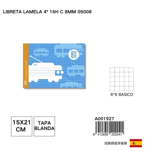 [A001927] Libreta Lamela 4º 16 hojas con cuadrícula 8mm - Papelería básica