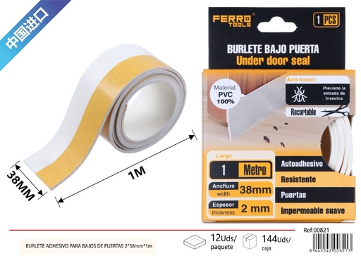 [00821] Burlete adhesivo para bajos de puertas 2mmx38mmx1m blanco - Accesorios para hogares