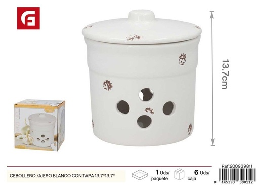 [200939811] Cebollero/ajero blanco con tapa 13.7x13.7 cm - Contenedor para almacenamiento de cebollas y ajos