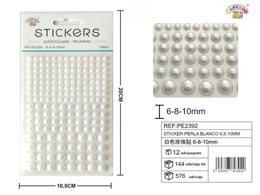 [PE2392] Sticker perla blanca 6,8,10 mm - 176 piezas 10,5x20 cm - Pegatinas decorativas de diamantes y perlas