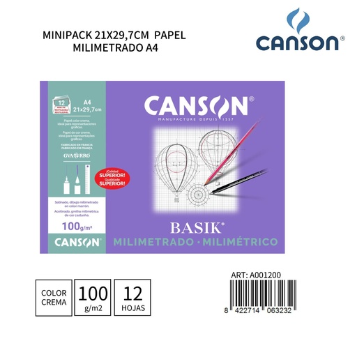 [A001200] Papel de dibujo A4 milimetrado 100g 12 hojas - Material de oficina