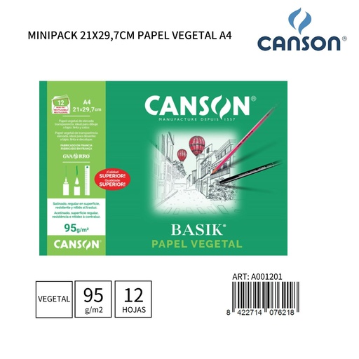 [A001201] Papel vegetal A4 para calcar 95 g 12 hojas - Papelería de marca