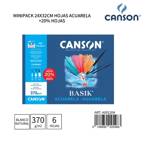 [A001204] Hojas de acuarela A4 370g - Pack de 6 hojas