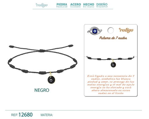 [12680] Pulsera de 7 nudos color negro con ojo turco - Joyería de nudos