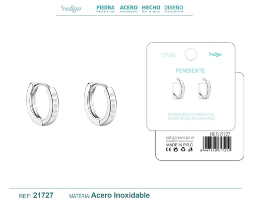 [21727] Aro de acero plateado de 12 mm con circonita transparente - Joyas y accesorios