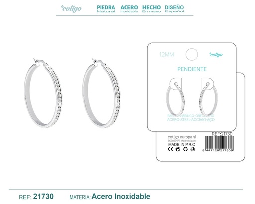 [21730] Aro de acero plateado de 12 mm con circonita transparente - Joyería elegante y accesorios