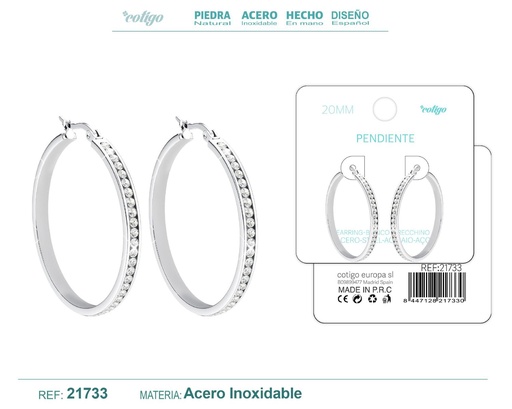 [21733] Aro de acero plateado de 20 mm con circonita transparente - Joyas y accesorios