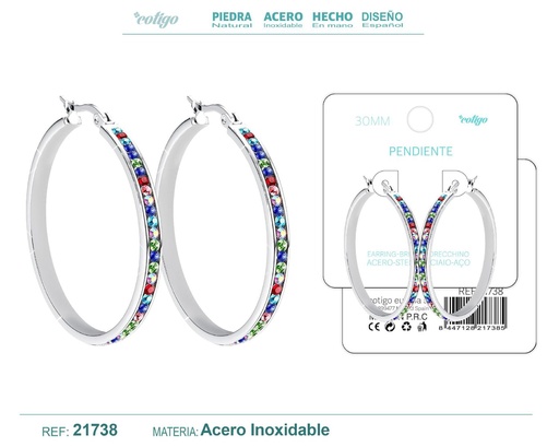 [21738] Aro de acero plateado de 30 mm con circonita de colores - Joyas y accesorios