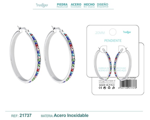 [21737] Aro de acero plateado de 20 mm con circonita de colores - Joyas y accesorios