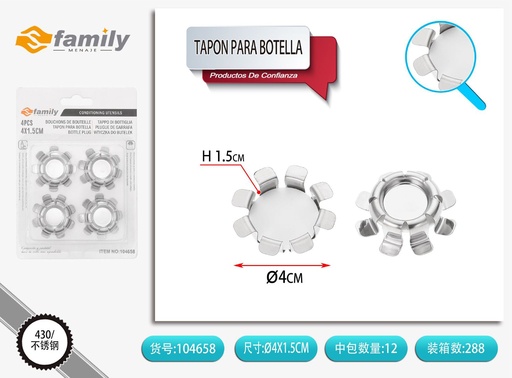 [104658] Tapón de botella de acero inoxidable 4 pcs 4x2.5x1.5 cm - Utensilios de cocina