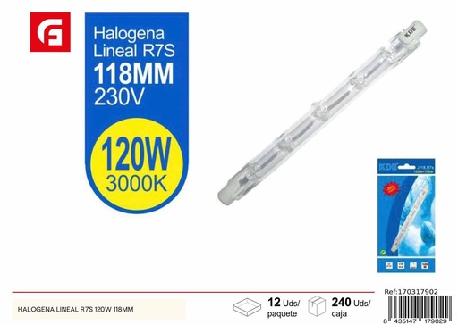 [170317902] Bombilla halógena lineal R7S 120W 118mm - Iluminación y bombillas