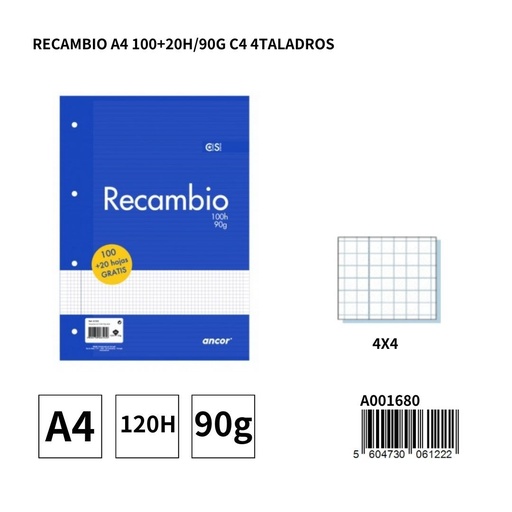 [A001680] Papel A4 multihoyo 120 hojas 90g 4X4 cuadrículas - Recambio