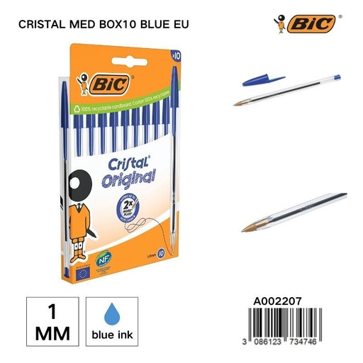 [A002207] Bolígrafo BIC Crystal Med 1MM - Caja de 10 unidades azules