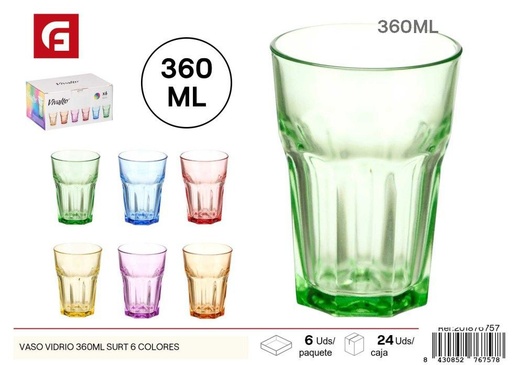 [201876757] Vaso de vidrio 360ml surtido 6 colores - Vasos y copas de vidrio