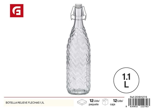[201811274] Botella de vidrio relieve flechas 1.1L - Envases de vidrio y almacenamiento