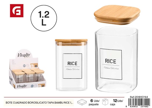 [201810744] Bote cuadrado de borosilicato con tapa de bambú para arroz 1.2L - Botes y tarros de vidrio