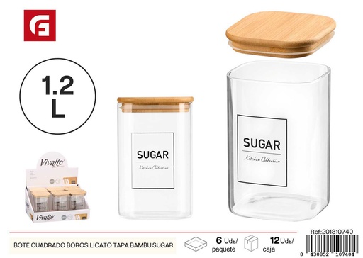 [201810740] Bote cuadrado de borosilicato tapa bambú 1.2L - Almacenamiento y envases de cocina