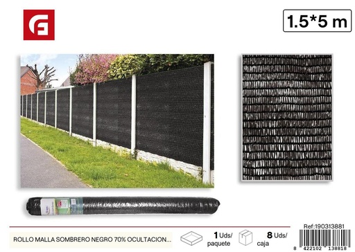 [190313881] Rollo de malla de sombreo negro 70% ocultación 1.5x5m - Accesorios de jardín y mallas de sombra