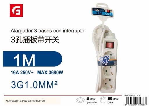 [170161208] Alargador 3 bases con interruptor - Suministros eléctricos y regletas